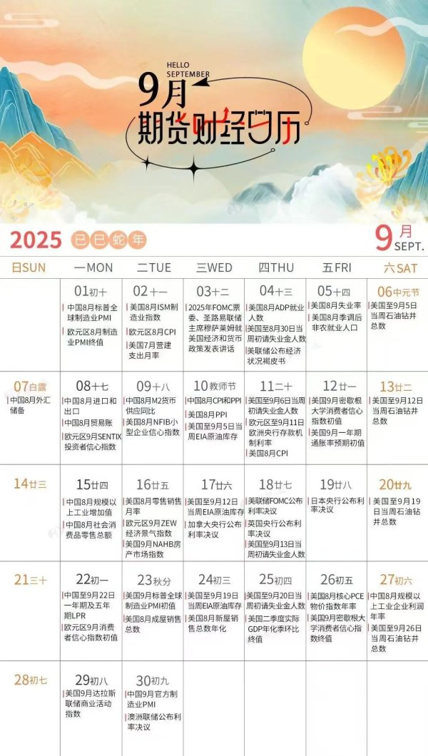捷希缘配资 9月财经日历来了，请查收！